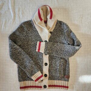 Roots Cabin W XS Classic Button Grey/White/Red Shawl Collar Raglan Cardigan A276